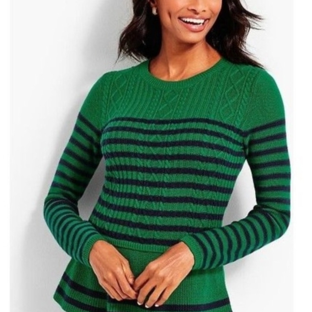 Talbots Green and Black Striped Crew Neck Sweater